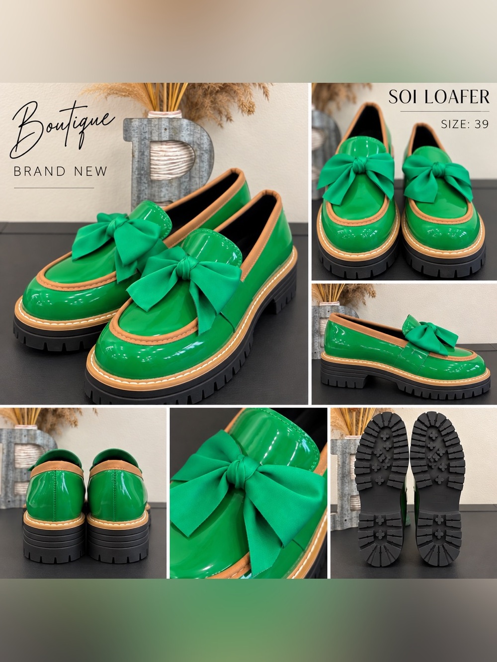 Boutique Brand New Green Patent Loafers with Tan Trim and Bow
